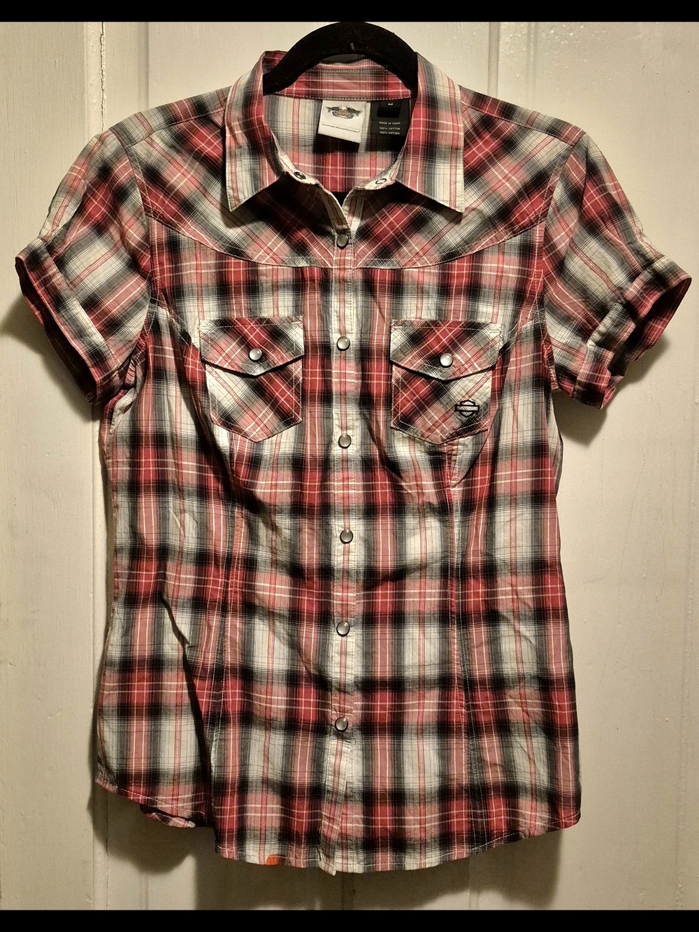 Harley-Davidson Red, White & Black Plaid Short-Sleeve Button Shirt